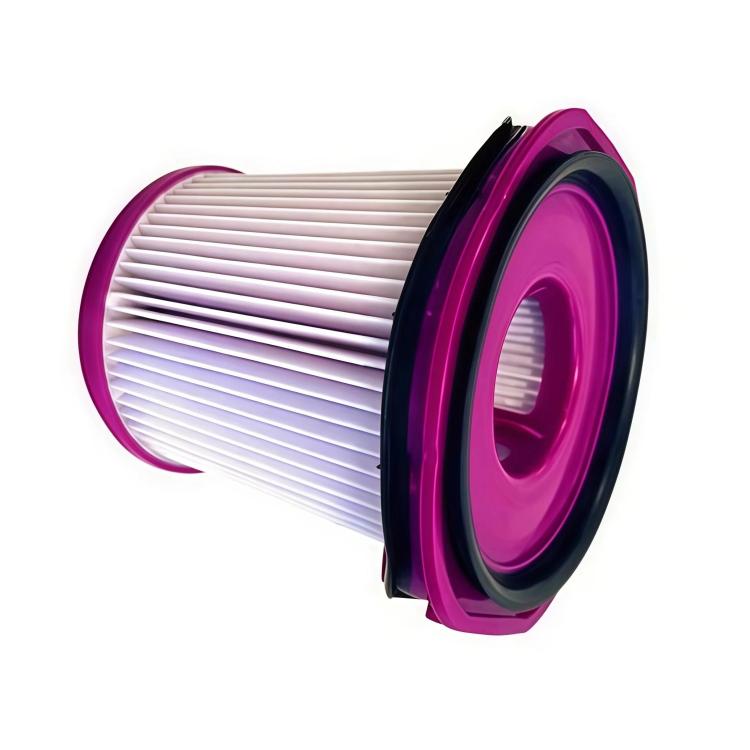 Vacuum HEPA-style filter cartridge with purple top and white pleated filter element