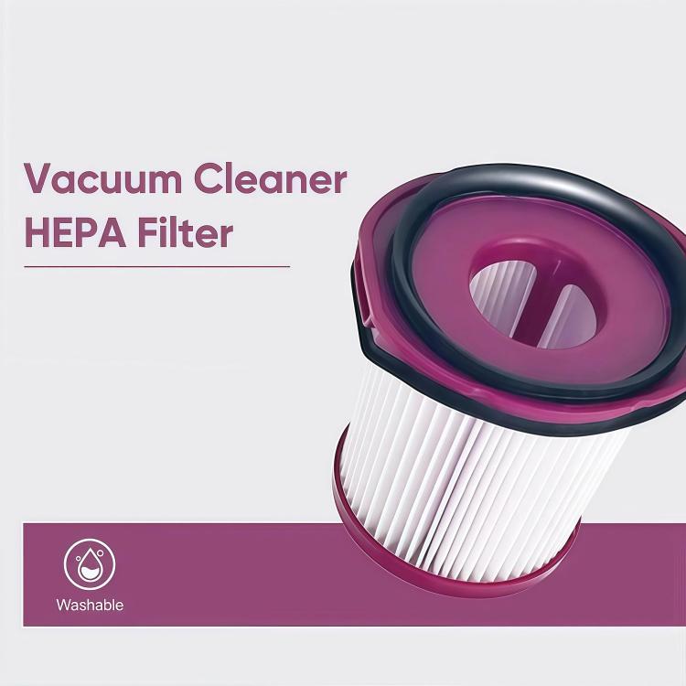 Vacuum cleaner HEPA filter cartridge with purple circular housing and white pleated media
