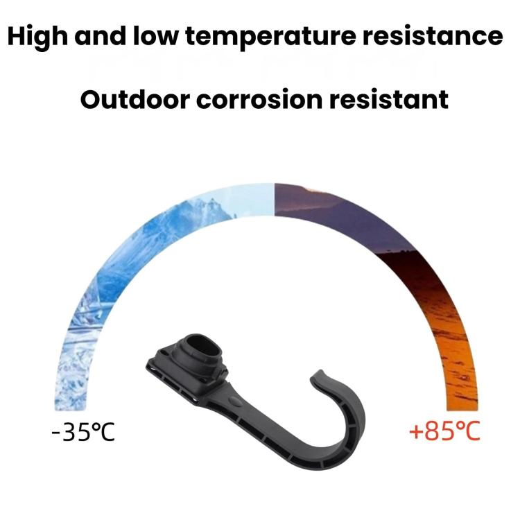 Black EV charging cable hook bracket with U-shaped cradle for outdoor use