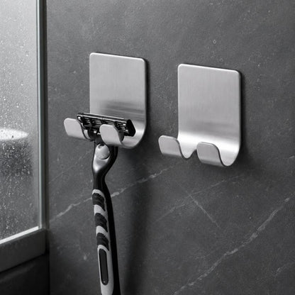 Stainless steel shower razor holder hook set, holding a safety razor on wall