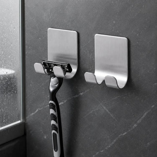 Stainless steel shower razor holder hook set, holding a safety razor on wall