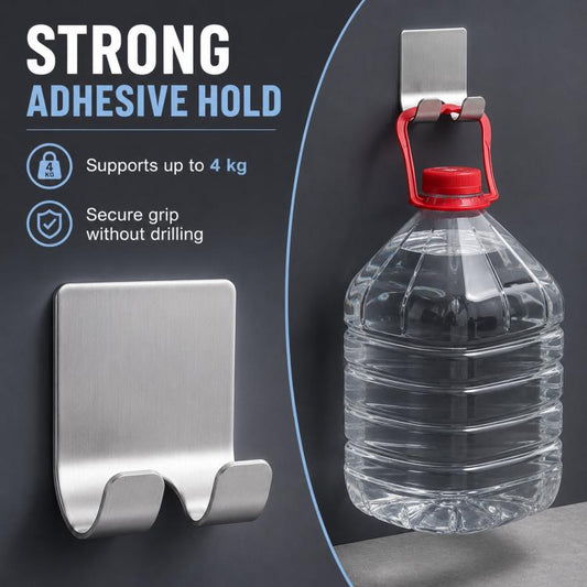 Stainless steel adhesive wall razor holder hook, holding a bottle and razor