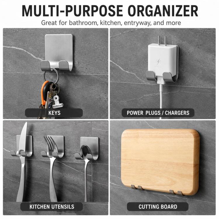 Multi-purpose stainless steel adhesive wall hooks for bathroom and kitchen use