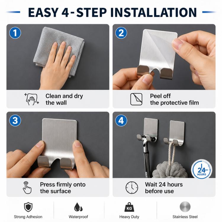 Adhesive stainless steel razor holder hooks during no-drill wall installation