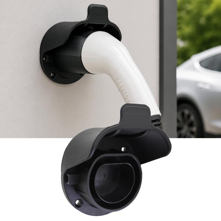 Wall-mounted EV charging socket holder, black housing with white plug inserted
