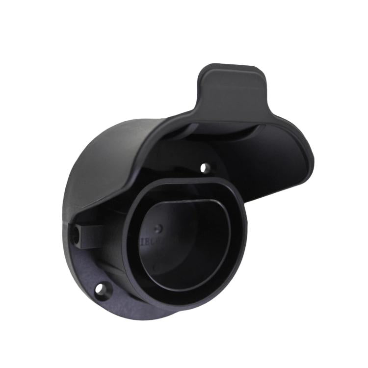 Wall-mounted EV charging socket holder, black circular port opening with protective cover