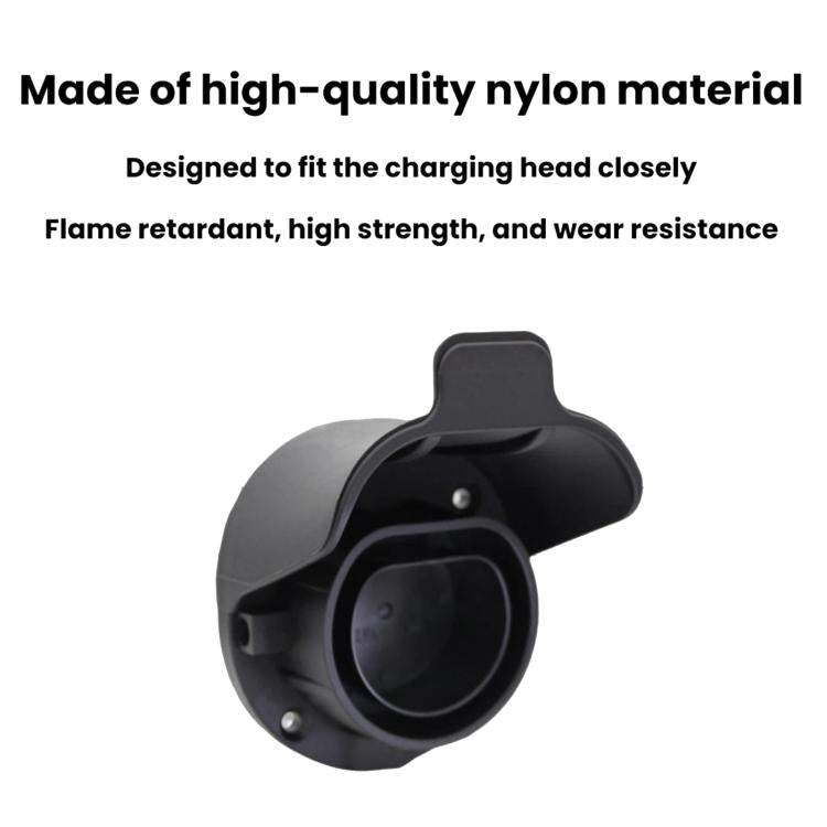 Wall-mounted EV charging socket holder with hinged protective cover, black