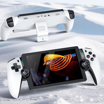 White handheld gaming console with 7-inch touchscreen, dual analog sticks, and D-pad