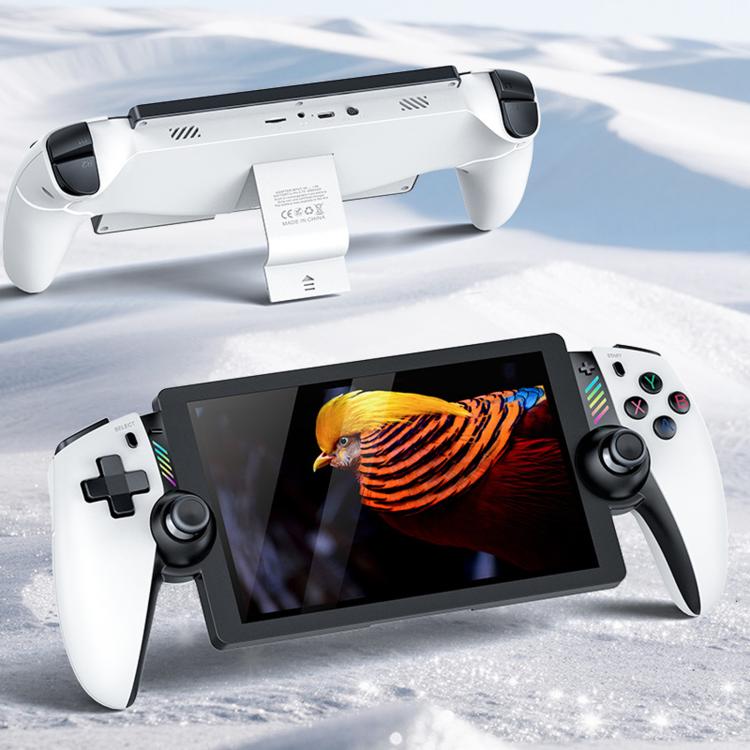 White handheld gaming console displaying a parrot on the 7-inch touchscreen