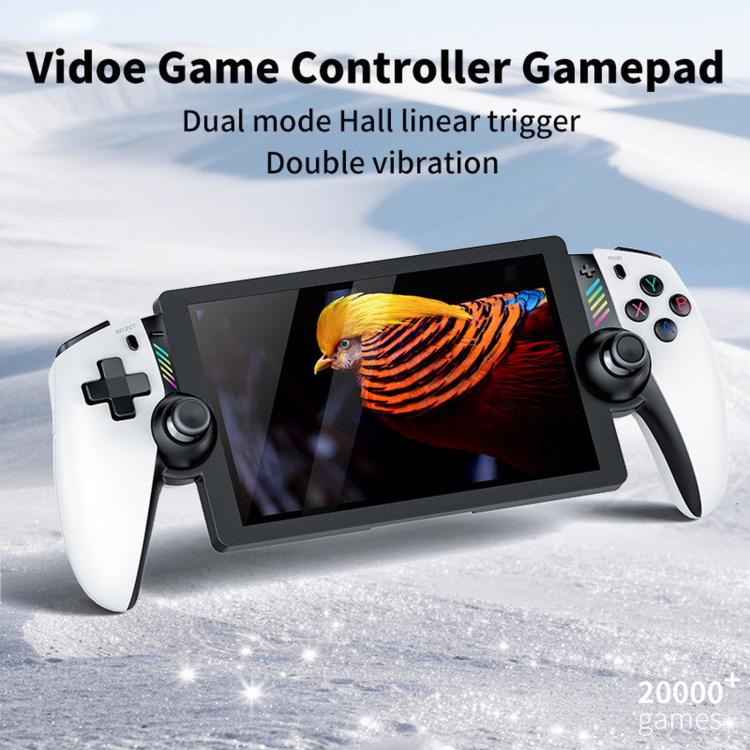 White handheld gaming console with 7-inch touchscreen and colorful face buttons