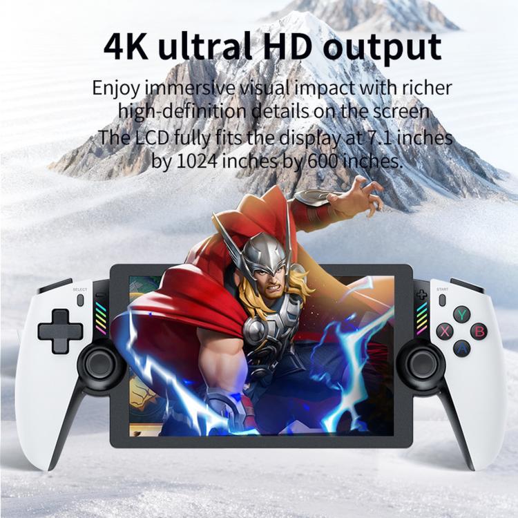 White handheld gaming console showing action game on the 7-inch touchscreen