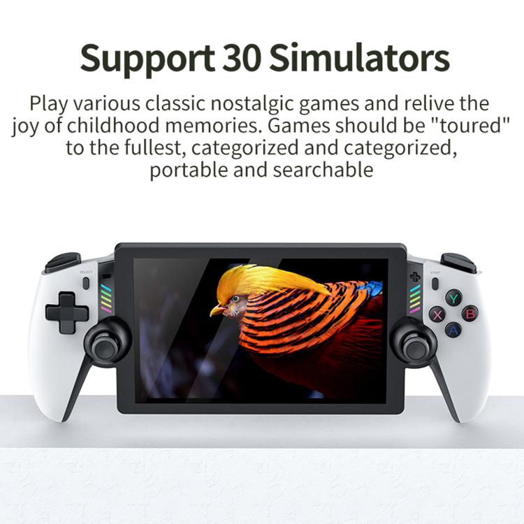 White handheld gaming console with 7-inch screen, left and right game controllers