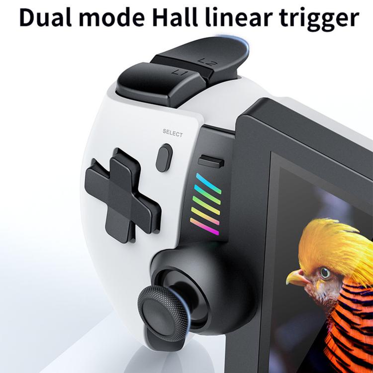 Close-up of white handheld gaming console left controls with trigger and grip