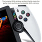Close-up of white handheld gaming console face buttons and center joystick