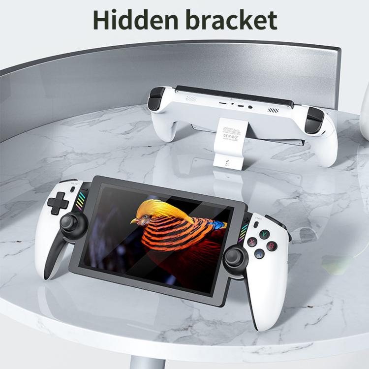 White handheld gaming console with hidden stand bracket and 7-inch touchscreen