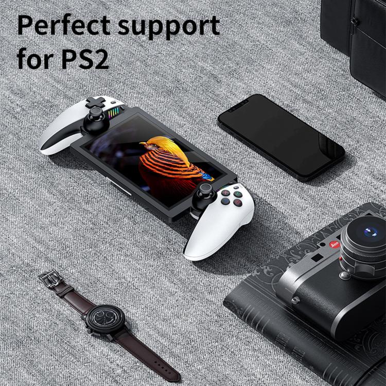 White handheld gaming console with 7-inch touchscreen and game controller grips
