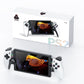 Handheld gaming console with 7-inch touchscreen, white body and black grips, game controller front.