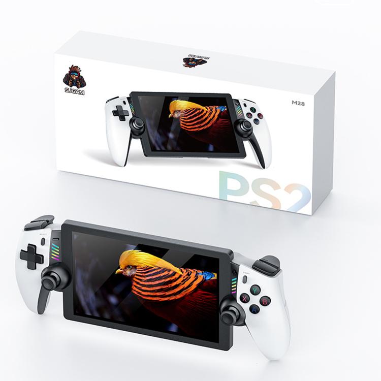 Handheld gaming console with 7-inch touchscreen, white body and black grips, game controller front.