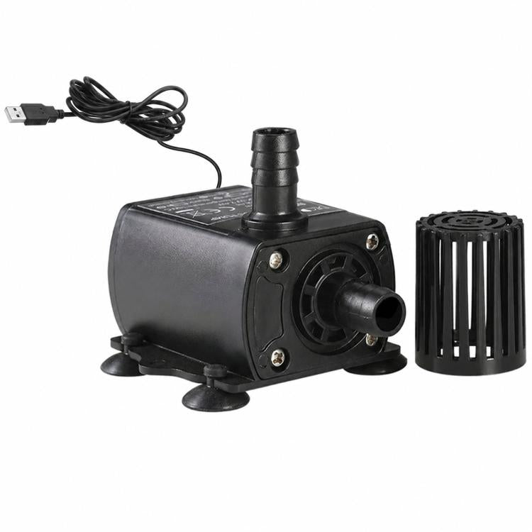 Black submersible water pump with intake grille, outlet fitting, and side discharge tube