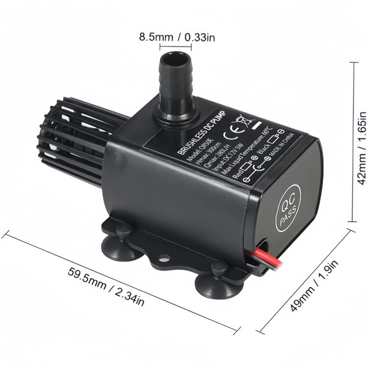 Black aquarium submersible pump with inlet intake, outlet pipe, and suction feet