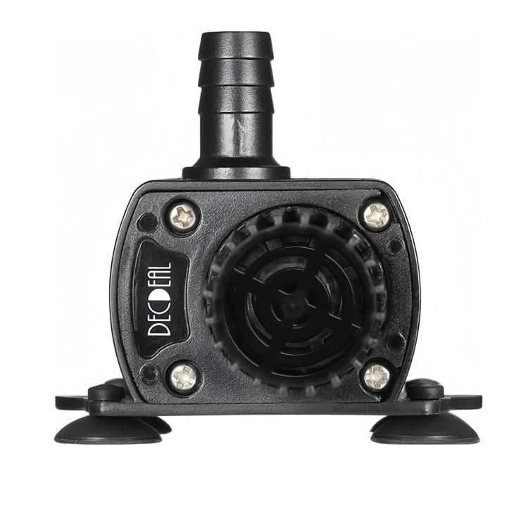 Front view of black submersible aquarium pump with circular housing and four suction pads