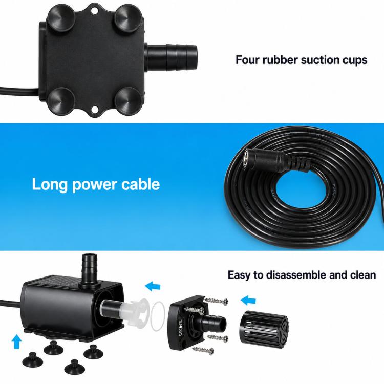 Black submersible aquarium pump with four suction cups and long power cable