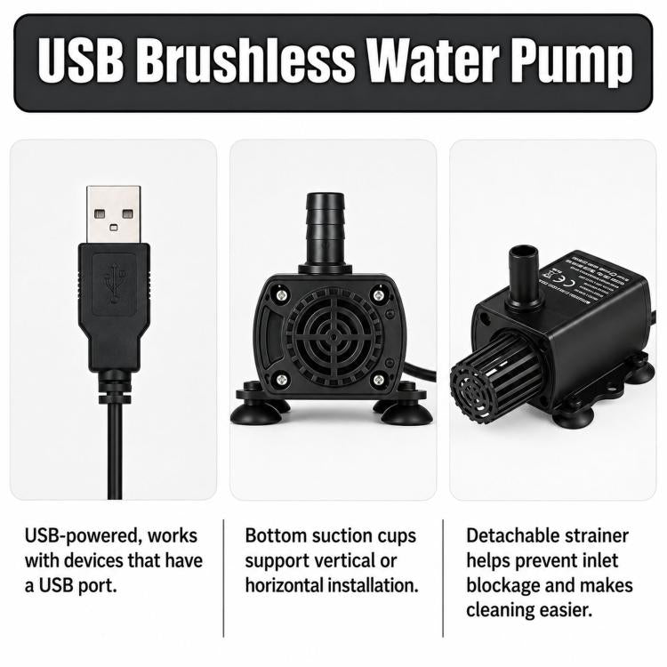 USB-powered brushless water pump with black body, suction cups, and outlet pipe