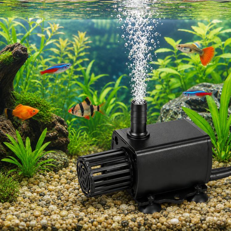 Black submersible aquarium pump with side intake grille and vertical spray outlet