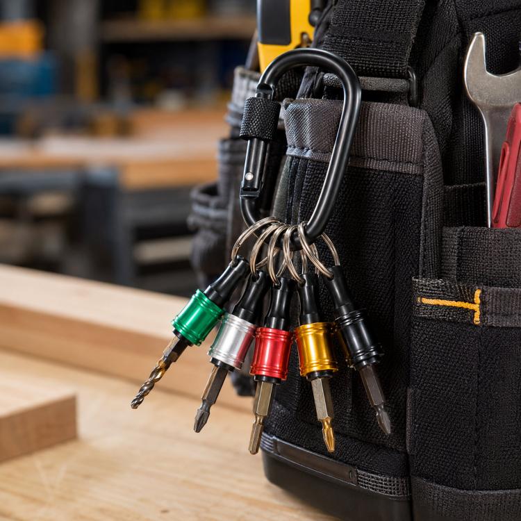 Black tool keychain organizer with locking carabiner and six color-coded hex shank bits