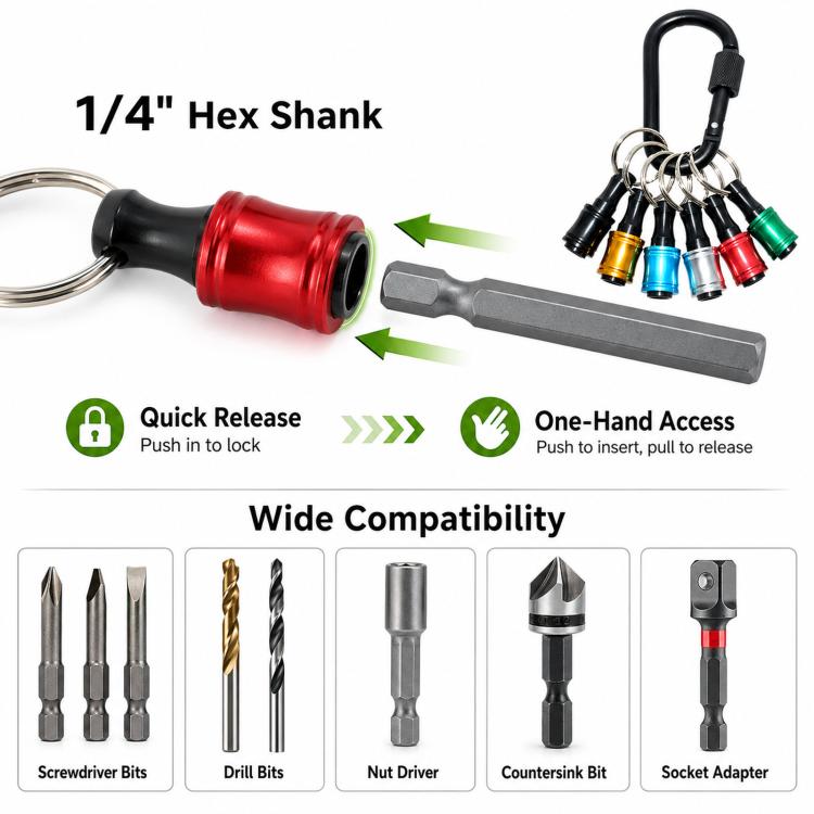 Quick-release bit holder keychain with black carabiner and color-coded 1/4-inch hex bits