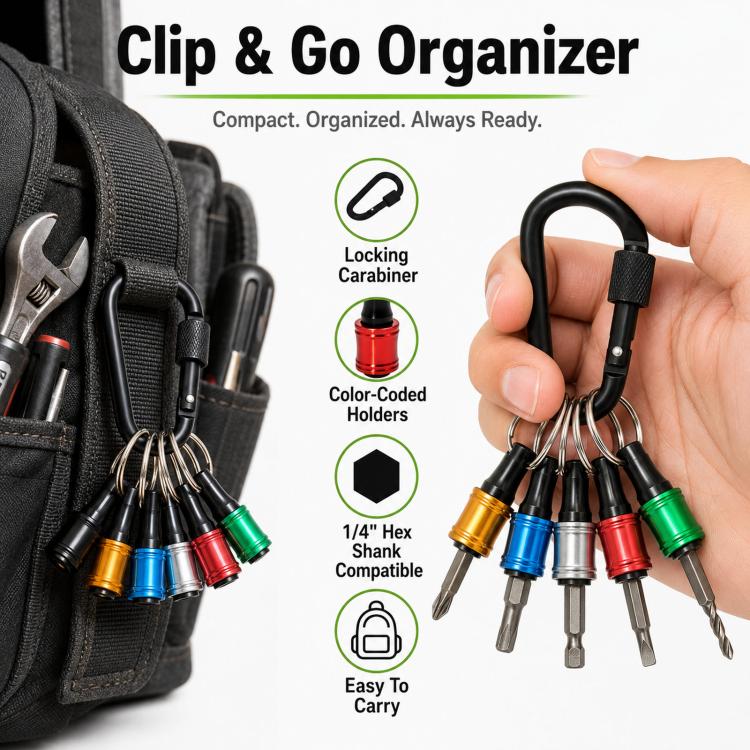 Clip-and-go black organizer with locking carabiner and six color-coded hex shank bits