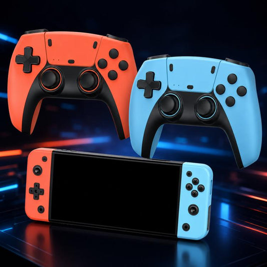 Dual handheld game controllers in orange and light blue with black analog sticks