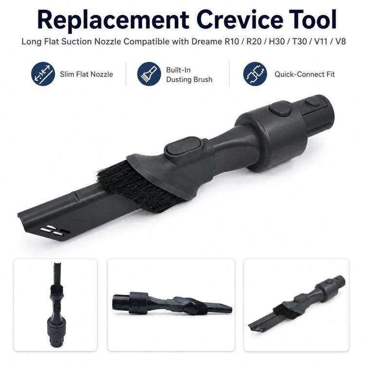 Long crevice tool with dusting brush head, dark vacuum attachment