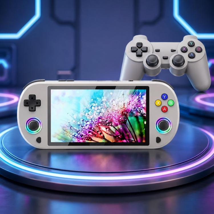 Front view of light gray handheld game console with 5-inch display and gamepad