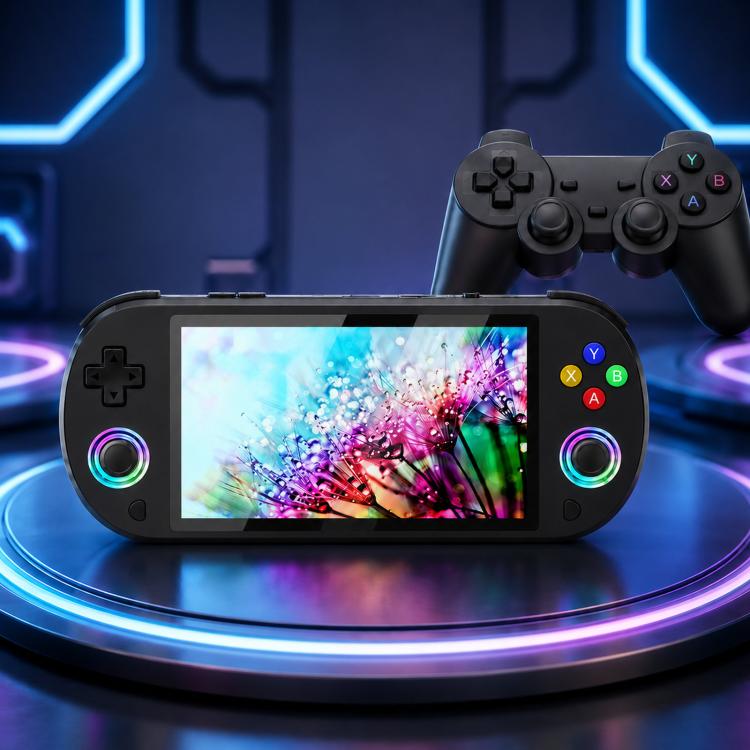 Black handheld game console with controller, 5-inch screen and circular thumb controls