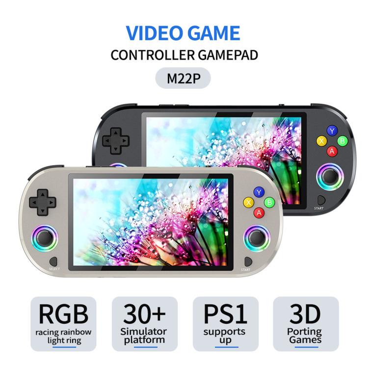 Two handheld game consoles with controllers, light gray and black, 5-inch screens