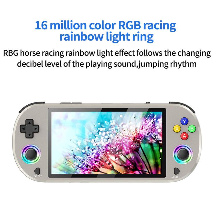 Light gray handheld game console with controller and 5-inch touchscreen display