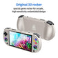 Light gray handheld game console with controller and rear hand grip