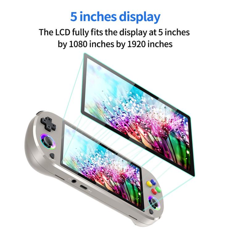 Light gray handheld game console with controller, angled 5-inch screen