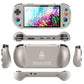 Handheld retro game console with 5-inch screen and dual thumb controls, gray