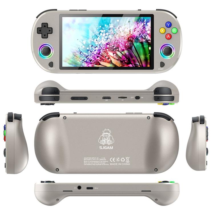 Handheld retro game console with 5-inch screen and dual thumb controls, gray
