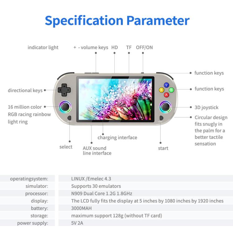Handheld retro game console front view with 5-inch IPS screen and side buttons