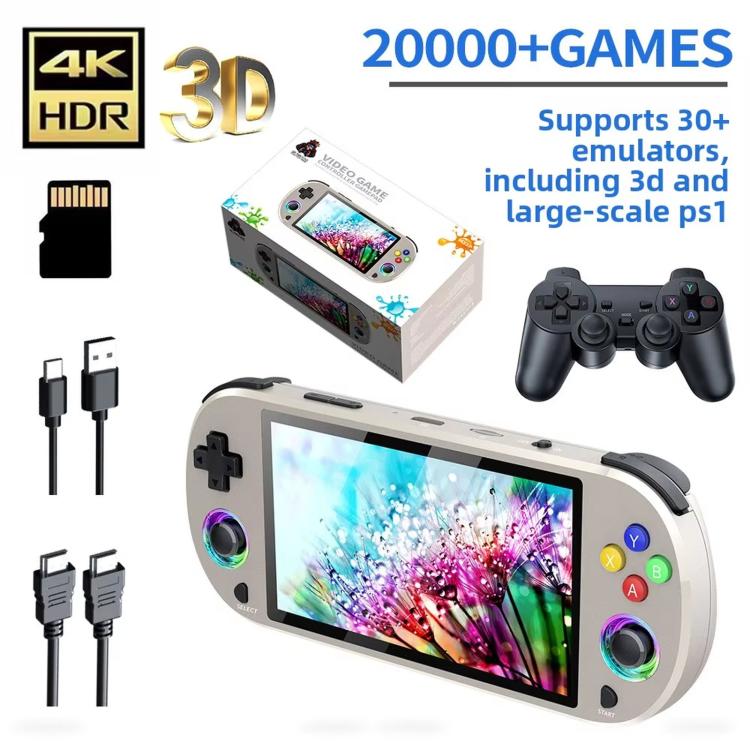 Handheld retro game console with 5-inch screen, plus cables and gamepad