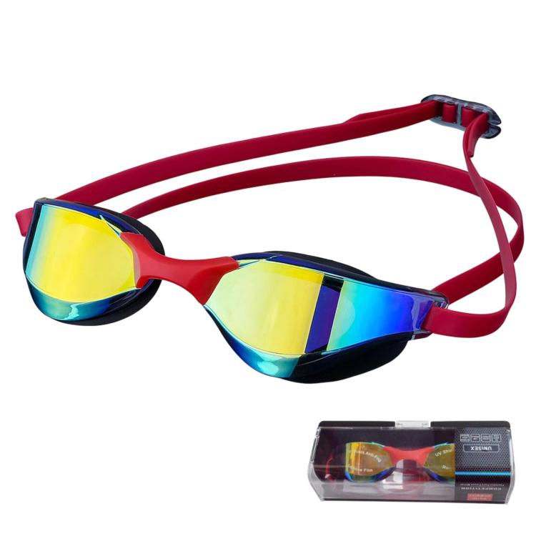 Red swim racing goggles with reflective yellow-blue lenses and anti-fog coating