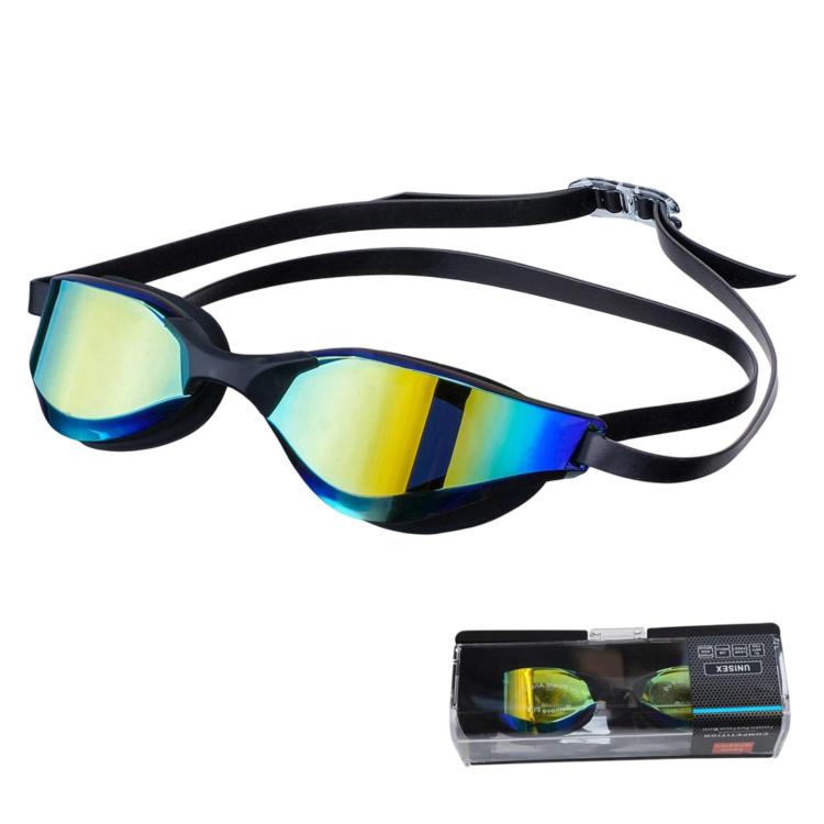 Black swim racing goggles with reflective yellow-blue lenses and wide elastic strap