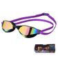 Purple swim racing goggles with reflective rainbow lenses and contoured face seal