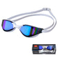 White swim racing goggles with reflective blue lenses and adjustable head strap