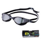 Black swim racing goggles with mirrored gray lenses and flexible double-strap design