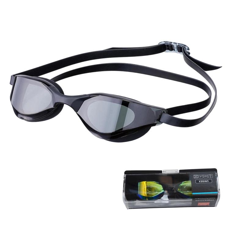 Black swim racing goggles with mirrored gray lenses and flexible double-strap design