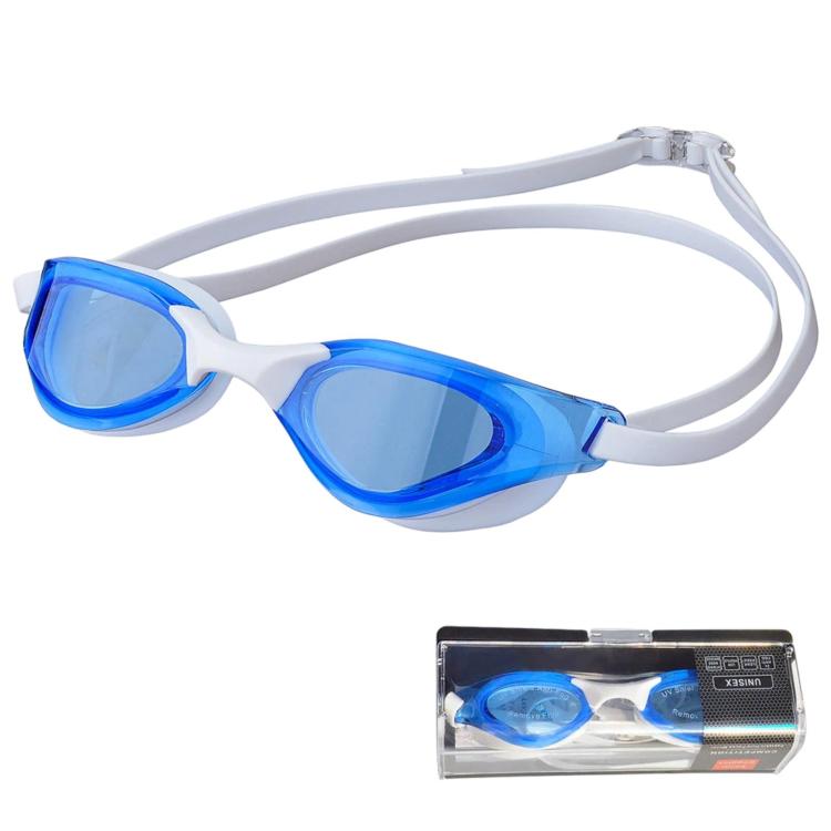 Light blue swim racing goggles with reflective blue lenses and smooth elastic strap